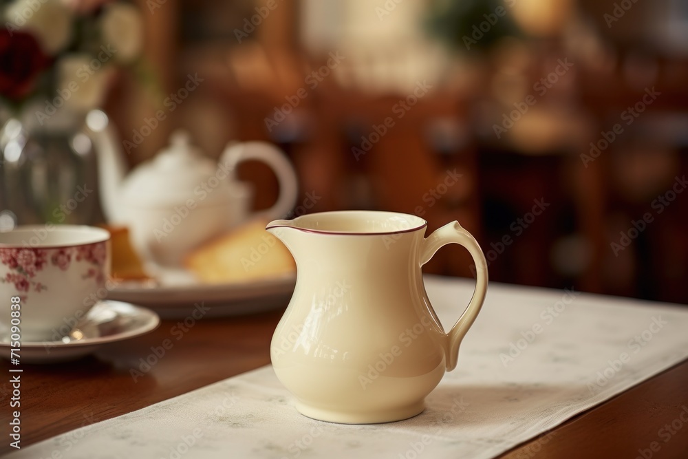 a white pitcher sitting on top of a wooden table next to a plate of bread and a cup of coffee. a white pitcher sitting on top of a wooden table next to a plate of bread and a cup of coffee.