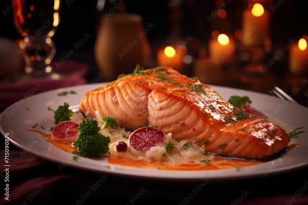 custom made wallpaper toronto digital a white plate topped with salmon covered in sauce and garnished with broccoli and radishes.