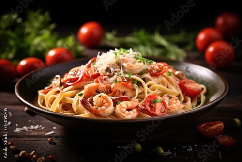  a bowl of pasta with shrimp, tomatoes, and parmesan cheese on a table with tomatoes and herbs.