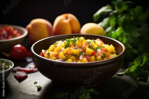  a close up of a bowl of food on a table next to other bowls of fruit and vegetables on a table.