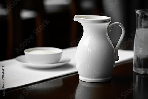  a white pitcher sitting on top of a table next to a glass of water and a bowl of yogurt.