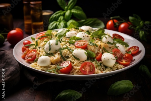  a plate of pasta with mozzarella  tomatoes  basil  and mozzarella on a wooden table.