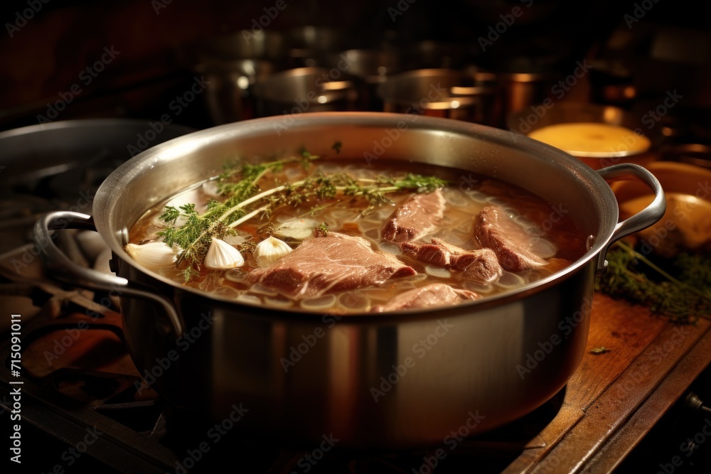 a pot of soup sitting on top of a stove next to a pot filled with meat and veggies. a pot of soup sitting on top of a stove next to a pot filled with meat and veggies.