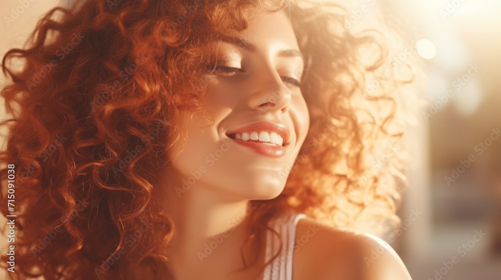 Portrait of a woman with curly hair with natural makeup in the sunlight. Happy lady enjoying the sun. Banner with copy space. Ideal for beauty or hair care advertisements.
