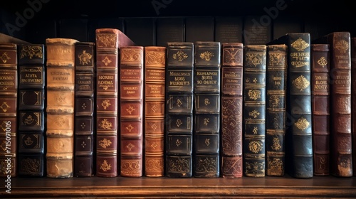 A rich collection of ornate, vintage leatherbound books lined up on a shelf. Concept of antiquarian books, classic literature, and home library aesthetics. photo