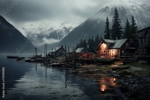  a body of water with a mountain in the background and a house on the shore with a boat in the water.