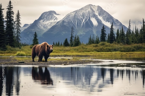  a large brown bear standing on top of a grass covered field next to a body of water with a mountain in the background.