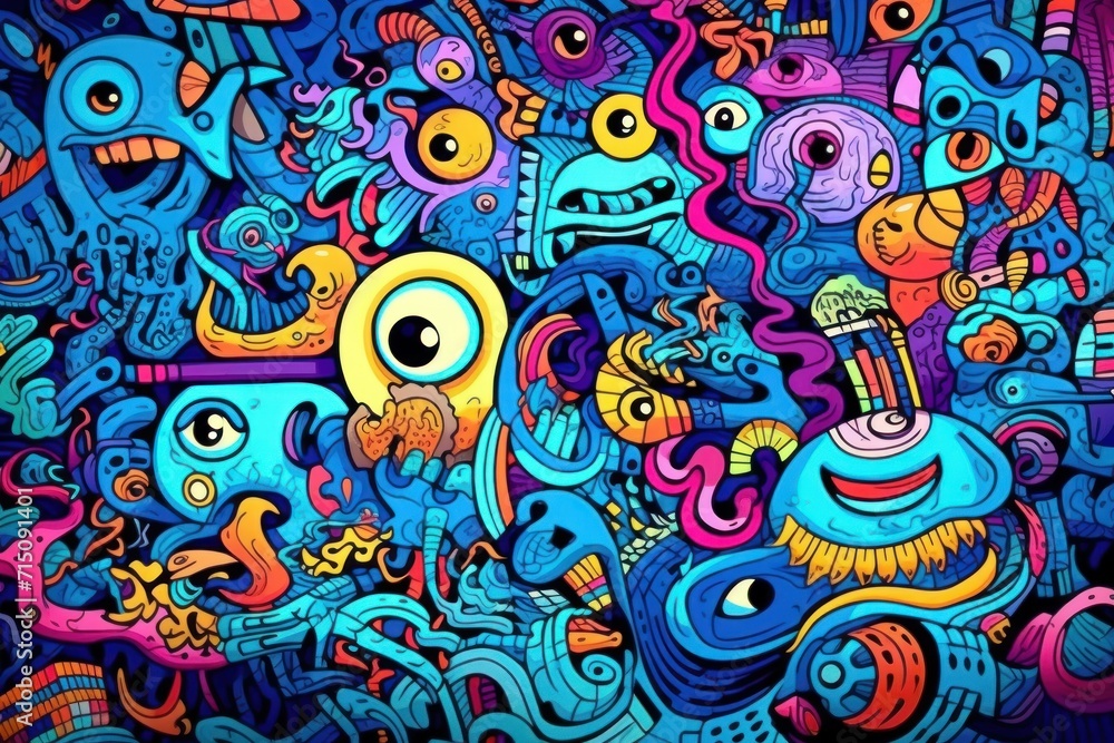 a painting of a bunch of different colorful things on a blue and purple background with lots of different shapes and sizes.