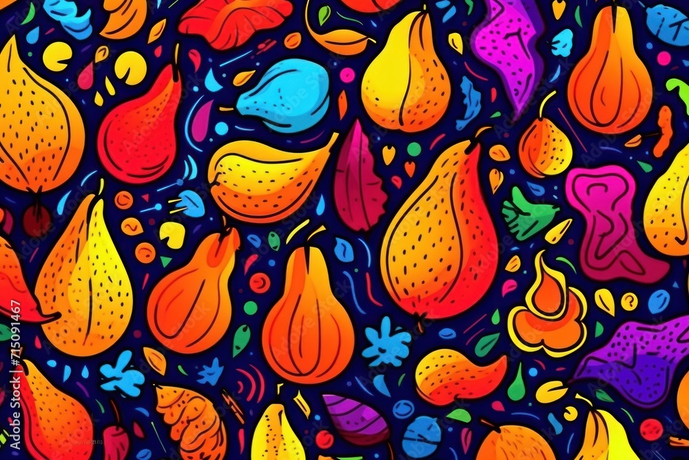 a painting of a bunch of fruit on a blue background with oranges, yellows, and purples. a painting of a bunch of fruit on a blue background with oranges, yellows, and purples.