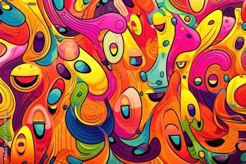  a colorful abstract painting with lots of different colors and shapes on a white background with a black border around the edges of the image.