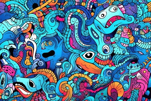  a large group of colorful cartoon fish and sea creatures on a blue and pink background with a lot of smaller colorful fish and sea creatures.