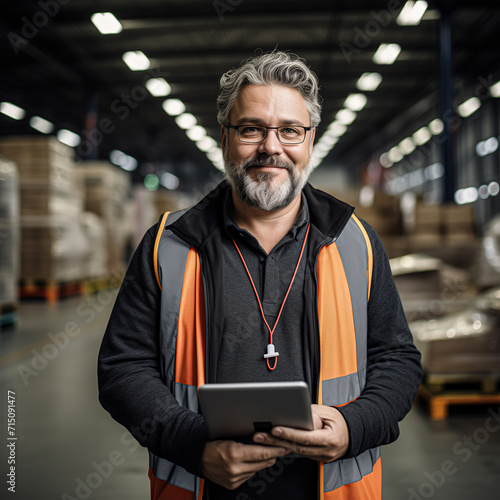 Logistic Warehouse Manager overseeing warehouse operations with digital efficiency, warehouse management, in a distribution center