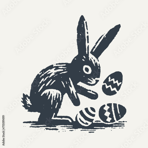 Quirky Easter bunny playing with Easter Eggs. Vintage block print style grunge effect vector illustration. Black and white.