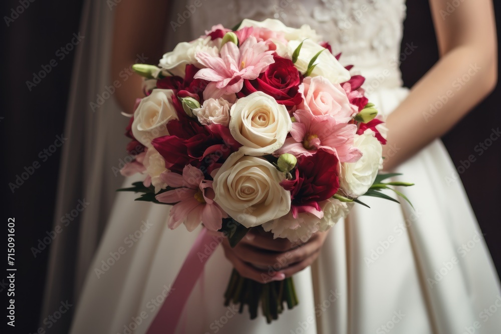  a woman in a wedding dress holding a bouquet of pink, white and red flowers with a pink ribbon around her waist.