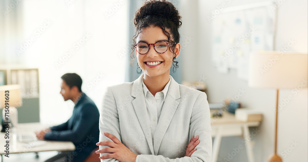 Portrait of woman with smile, arms crossed and coworking space for research, admin and consultant at agency. Office, networking business and face of happy girl with confidence, leadership at startup. - obrazy, fototapety, plakaty 