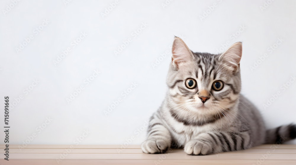 American Short Hair cat laying on white wall