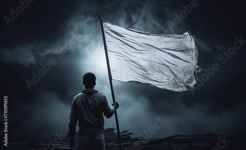 Man Holding White Flag Atop Mountain Summit Signaling Surrender. Generative AI. photo