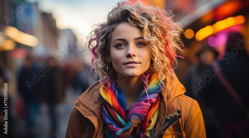 Woman With Curly Hair Wearing a Scarf in Bright Colors. Generative AI.