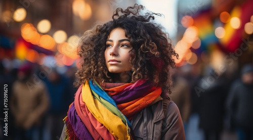 Woman With Curly Hair Wearing Rainbow Scarf in Bright Outdoor Portrait. Generative AI.