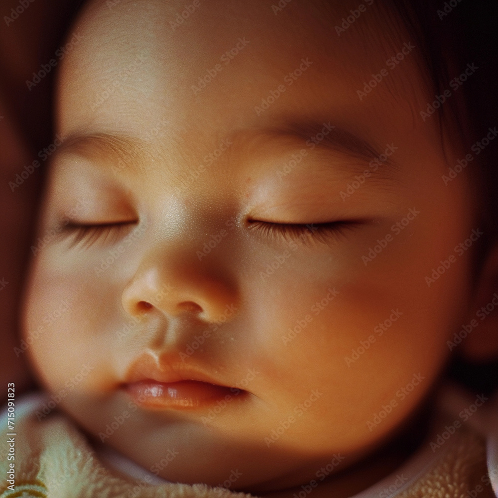 Close-Up Photo of Peaceful Baby Sleeping on Blanket. Generative AI. Close-Up Photo of Peaceful Baby Sleeping on Blanket. Generative AI.
