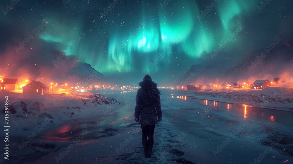 Fototapeta premium Person Standing in Snow, Looking at the Aurora Borealis. Generative AI.