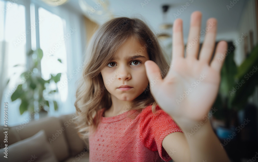 Little Girl Holding Hand Up to Camera. Generative AI. Little Girl Holding Hand Up to Camera. Generative AI.
