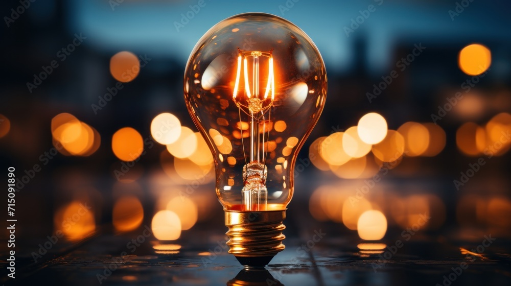 a light bulb sitting on top of a table in front of a blurry background of boke of lights. a light bulb sitting on top of a table in front of a blurry background of boke of lights.
