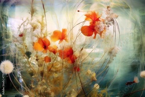  a close up of a bunch of flowers with a blurry background of water and grass in the foreground.