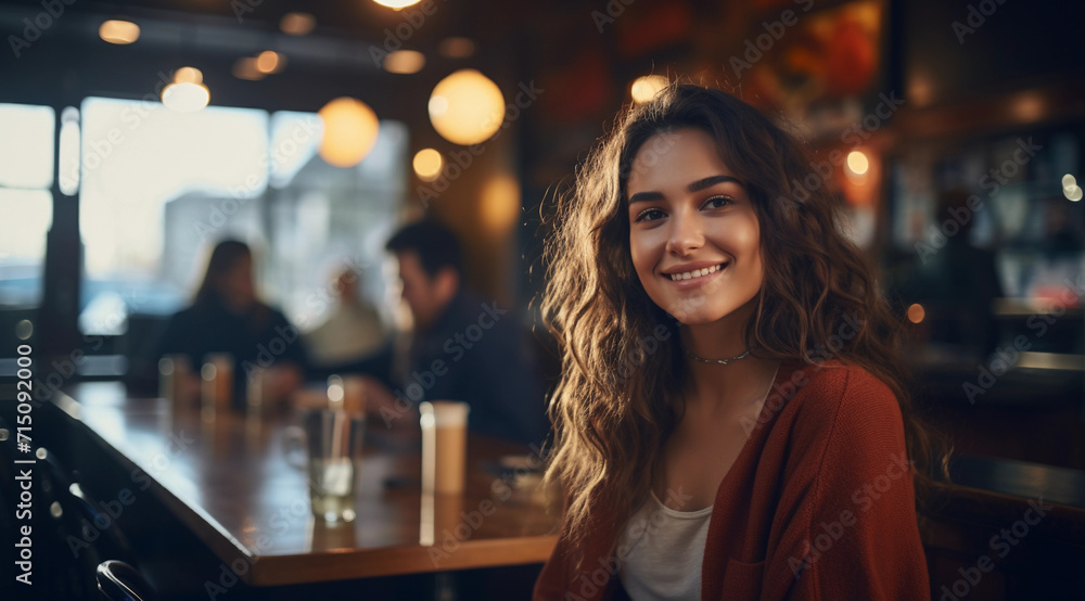 Woman Smiling at Bar, Posing for Camera With Joyful Expression. Generative AI.