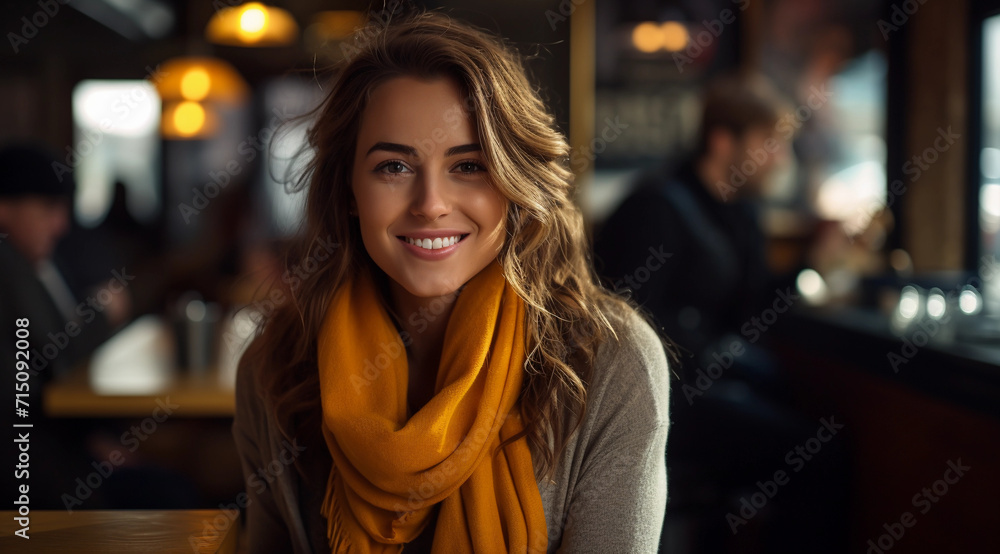 Woman Sitting at Table With Yellow Scarf. Generative AI. Woman Sitting at Table With Yellow Scarf. Generative AI.