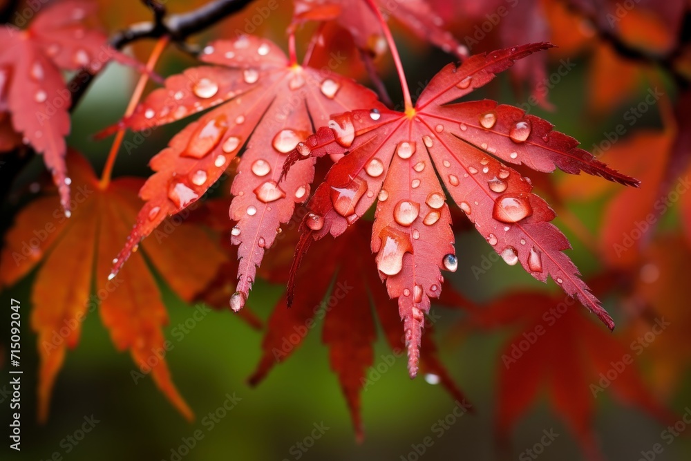 a close up of a red leaf with drops of water on it and a blurry background of green and red leaves. a close up of a red leaf with drops of water on it and a blurry background of green and red leaves.