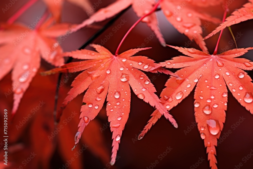 a close up of a red leaf with water droplets on it and a black background with a blurry image of the leaves. a close up of a red leaf with water droplets on it and a black background with a blurry image of the leaves.