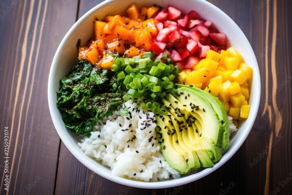 a bowl filled with rice, avocado, and other veggies on top of a wooden table. a bowl filled with rice, avocado, and other veggies on top of a wooden table.