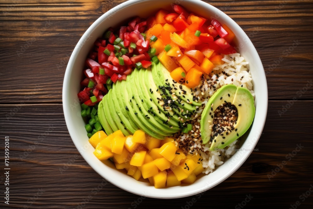  a close up of a bowl of food with avocado, mangoes, peppers, and other vegetables.