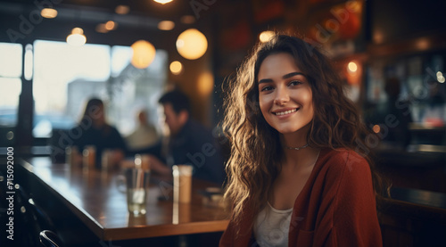 Woman Smiling at Bar, Posing for Camera With Joyful Expression. Generative AI.