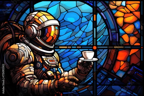  a man in a spacesuit holding a cup of coffee in front of a stained glass window with a stained glass window behind him.