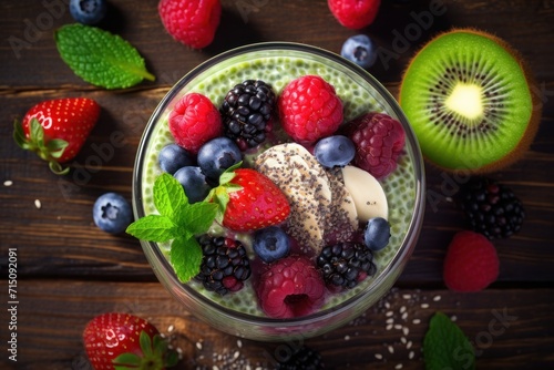 a smoothie with berries  kiwis  and mint on a wooden table next to sliced kiwis.