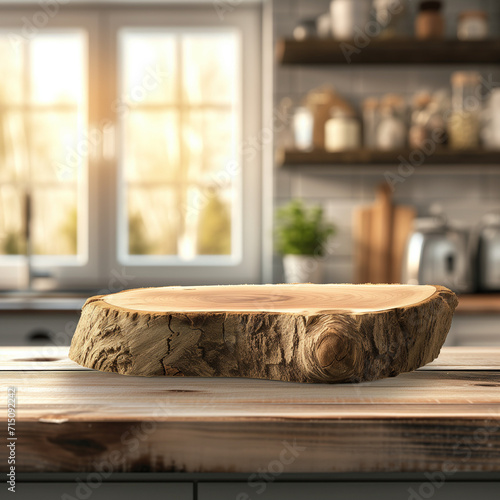 Billot en bois, planche à découper sur un plan de travail lui aussi en bois avec une cuisine en arrière plan, bokeh. Présentation produits, présentoir.  photo