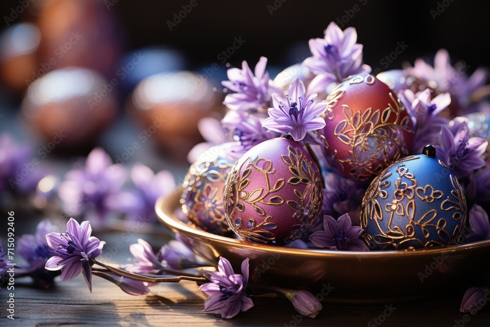 a close up of a bowl of decorated eggs with purple flowers on the side of the bowl and purple flowers on the other side of the bowl. a close up of a bowl of decorated eggs with purple flowers on the side of the bowl and purple flowers on the other side of the bowl.