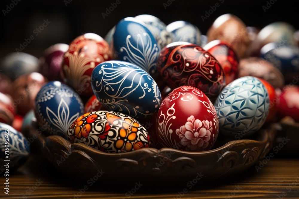 a bowl filled with lots of different colored eggs on top of a wooden table in front of a black background. a bowl filled with lots of different colored eggs on top of a wooden table in front of a black background.