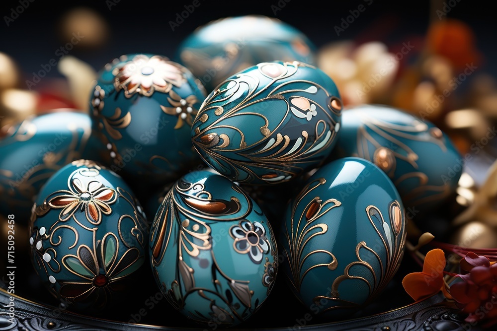 a bunch of blue and gold decorated eggs in a silver bowl with gold trimmings on the sides of the eggs. a bunch of blue and gold decorated eggs in a silver bowl with gold trimmings on the sides of the eggs.