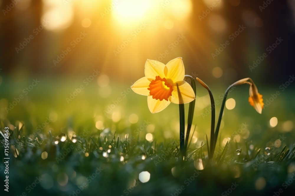  two yellow daffodils in the grass with the sun shining through the trees in the backround.