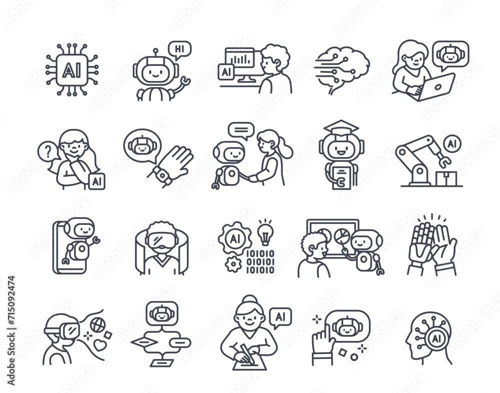 Set of artificial intelligence line icons. Neural network, cyborg, digital brain, AI and chat bot. Machine learning. Design element for app. Outline vector collection isolated on white background