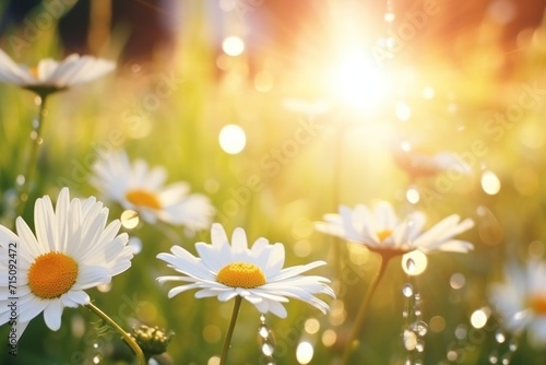  a field full of white daisies with the sun shining through the grass in the backround of the photo.