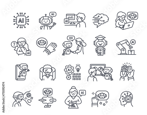 Set of artificial intelligence line icons. Neural network, cyborg, digital brain, AI and chat bot. Machine learning. Design element for app. Outline vector collection isolated on white background