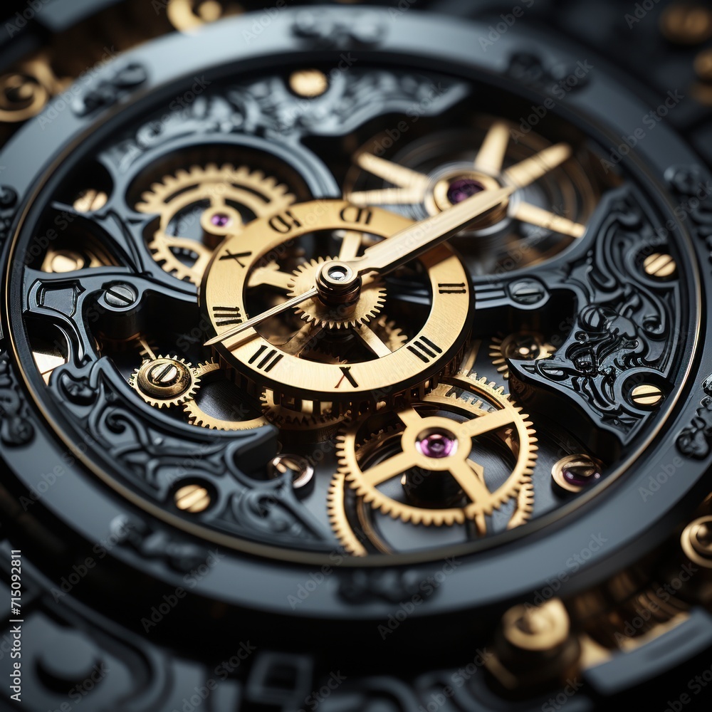 a close up of a watch face with a gold and black clock face and gears on the face of the watch. a close up of a watch face with a gold and black clock face and gears on the face of the watch.