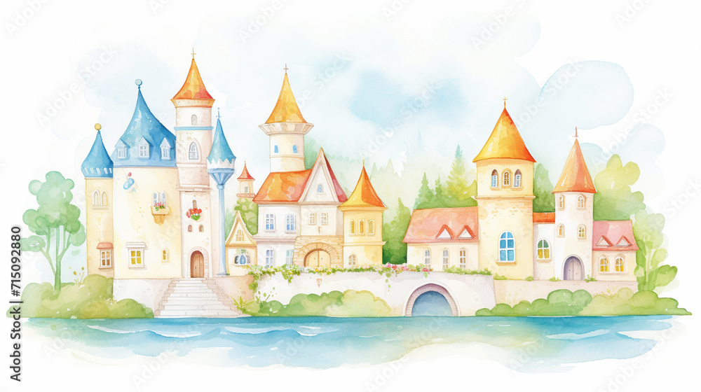 Whimsical Disney-like castle surrounded by charming European village cartoon drawing, Water color style, AI Generated