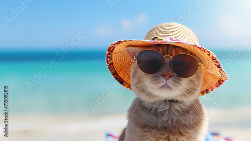 Cat striking a pose in sunglasses and a hat, with the beach and ocean as its backdrop
