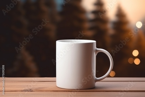  a white coffee mug sitting on top of a wooden table in front of a blurry background of a forest.