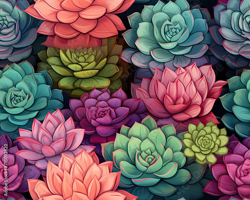 seamless pattern with colorful succulent flowers